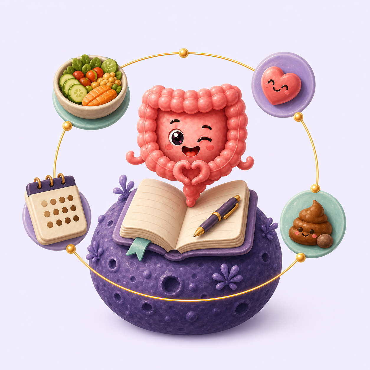 Illustration de l’univers Super Intestin : journal, repas, ressenti et transit reliés autour de la mascotte digestive