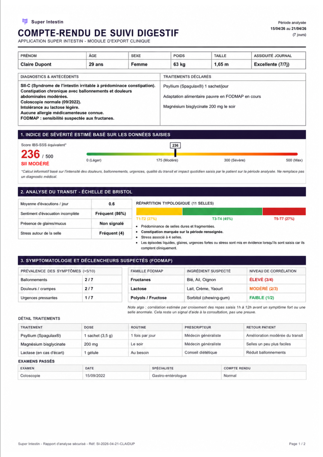 Aperçu de la première page du compte-rendu de suivi digestif Super Intestin