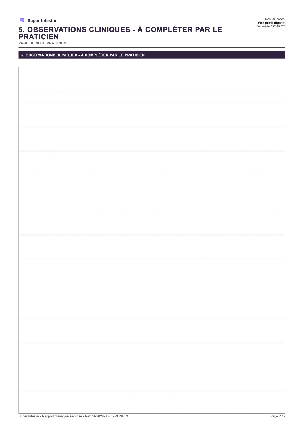 Aperçu de la page de notes et observations à compléter avec le spécialiste