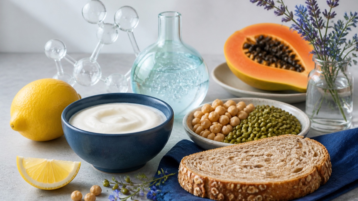 Yaourt, légumineuses, pain complet, papaye et citron illustrant différentes familles d’aliments à digérer